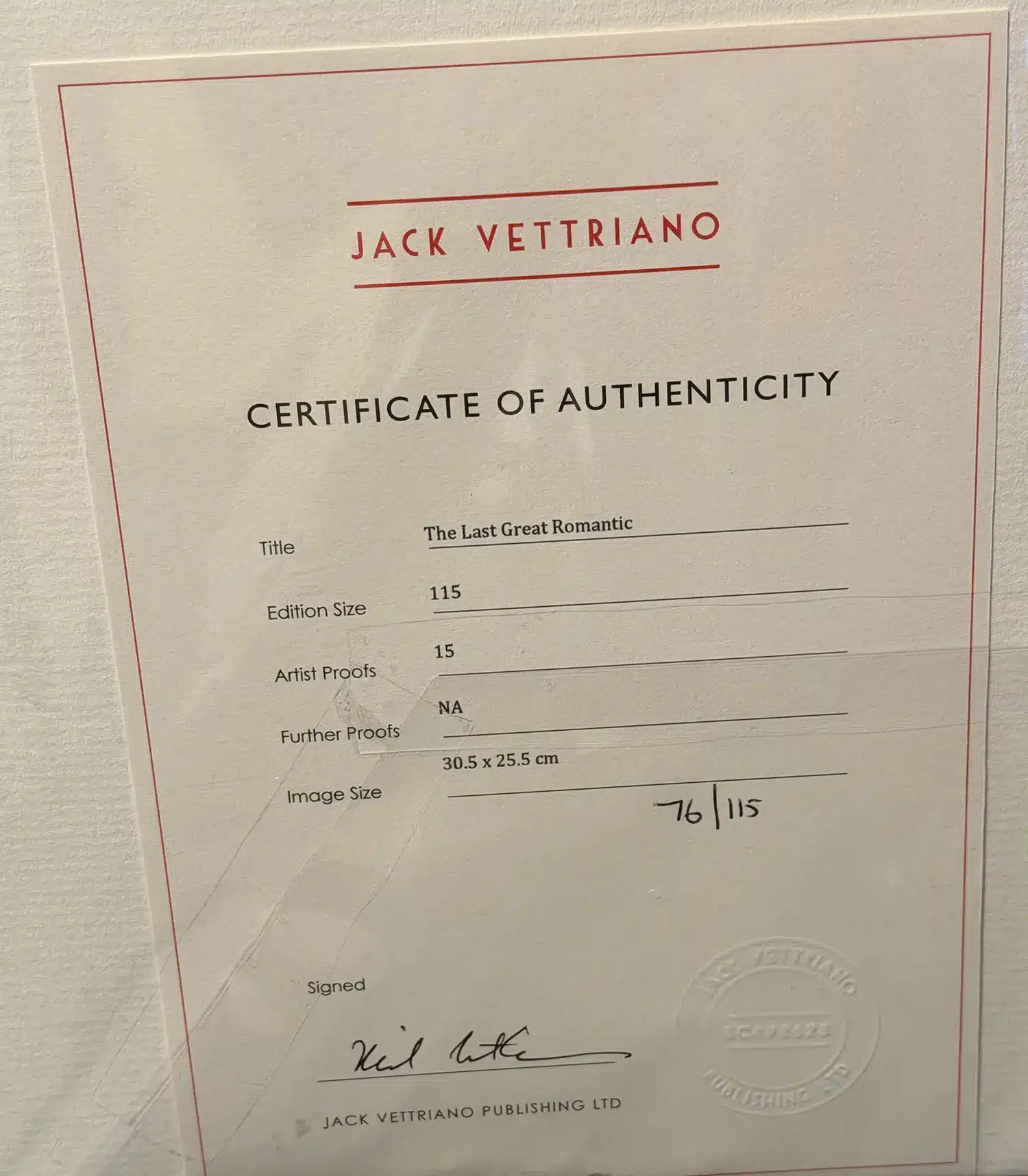 the Last Great Romantic Jack Vettriano certificate of authenticity